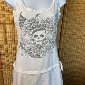Y2K White Cotton Tank Dress with Skull Graphic